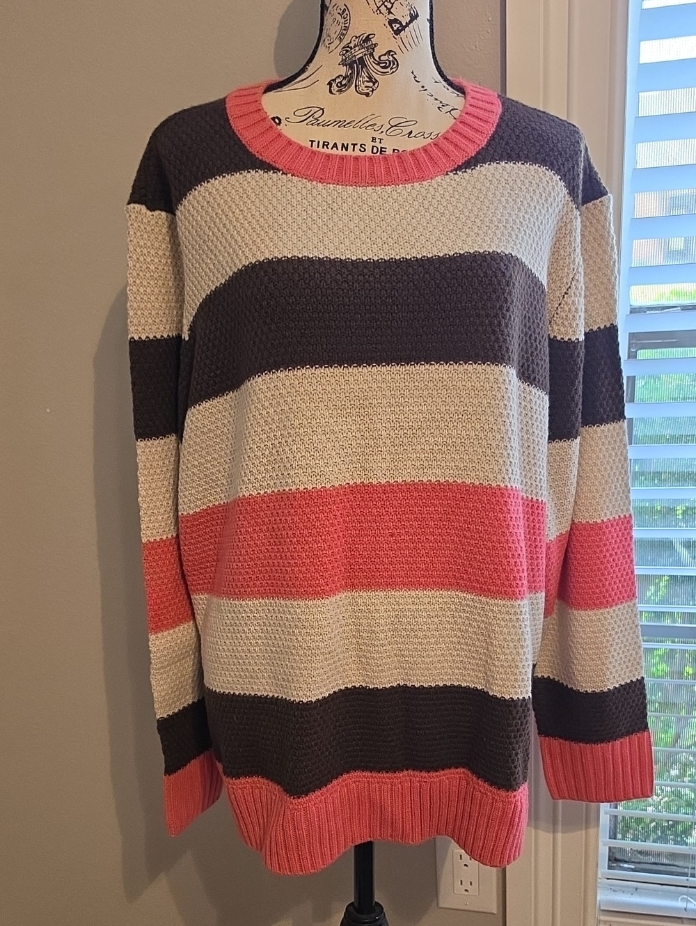 Women's St. John's Bay Coral, Cream & Dark Gray Striped Crewneck Sweater
